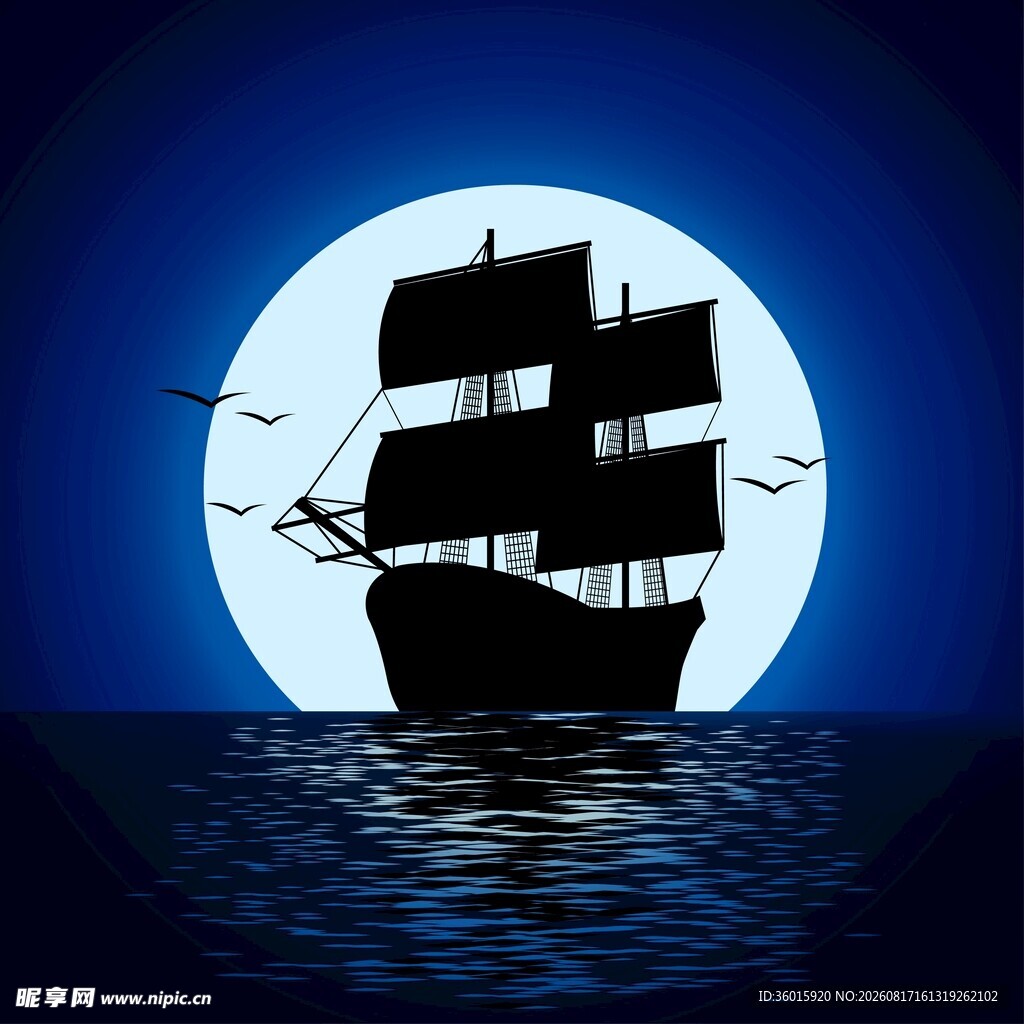 月夜帆船剪影