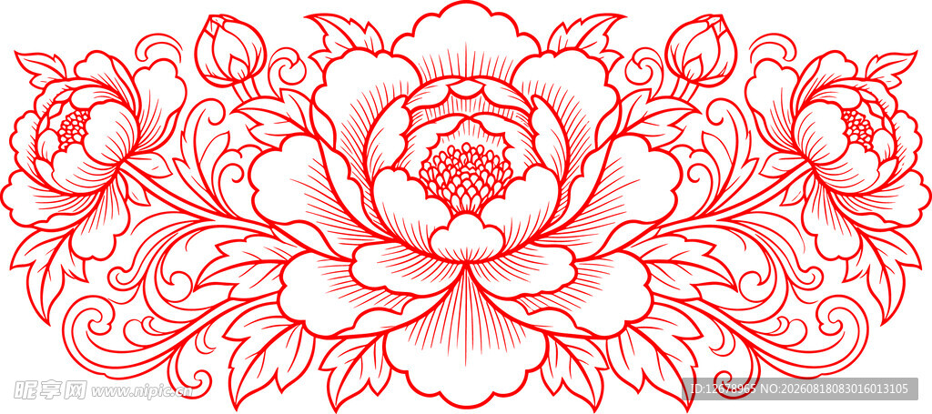 红色花卉线条图案设计