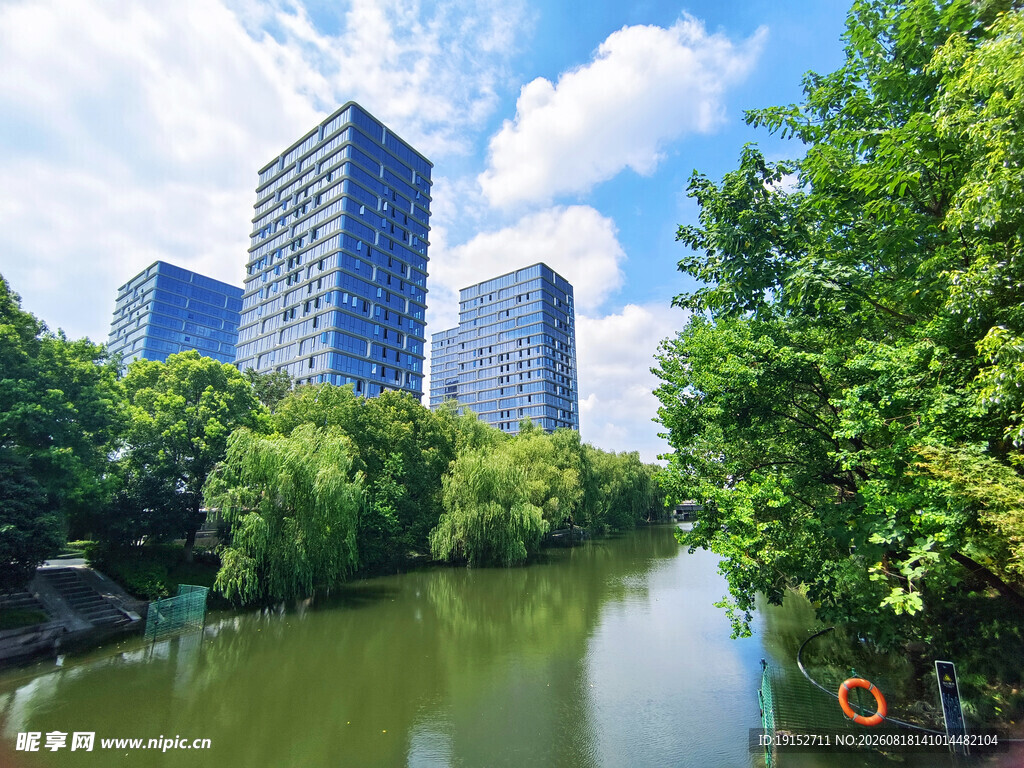 河畔绿树环绕的城市风光