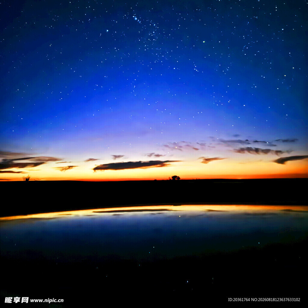湖畔星空晚霞美丽景象