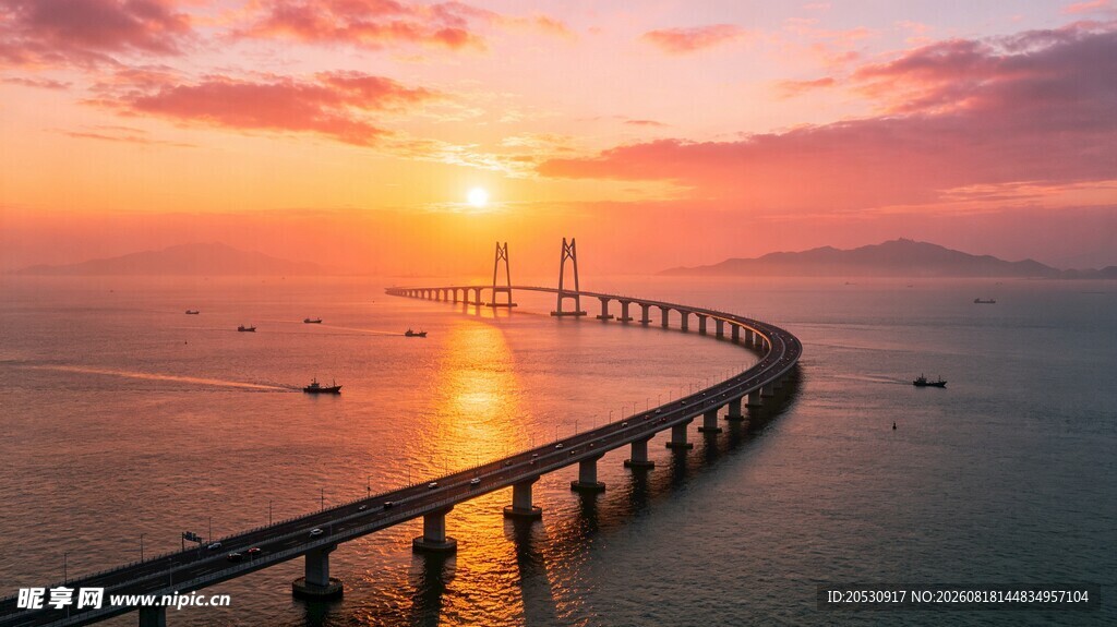 跨海大桥日落写实风交通运输