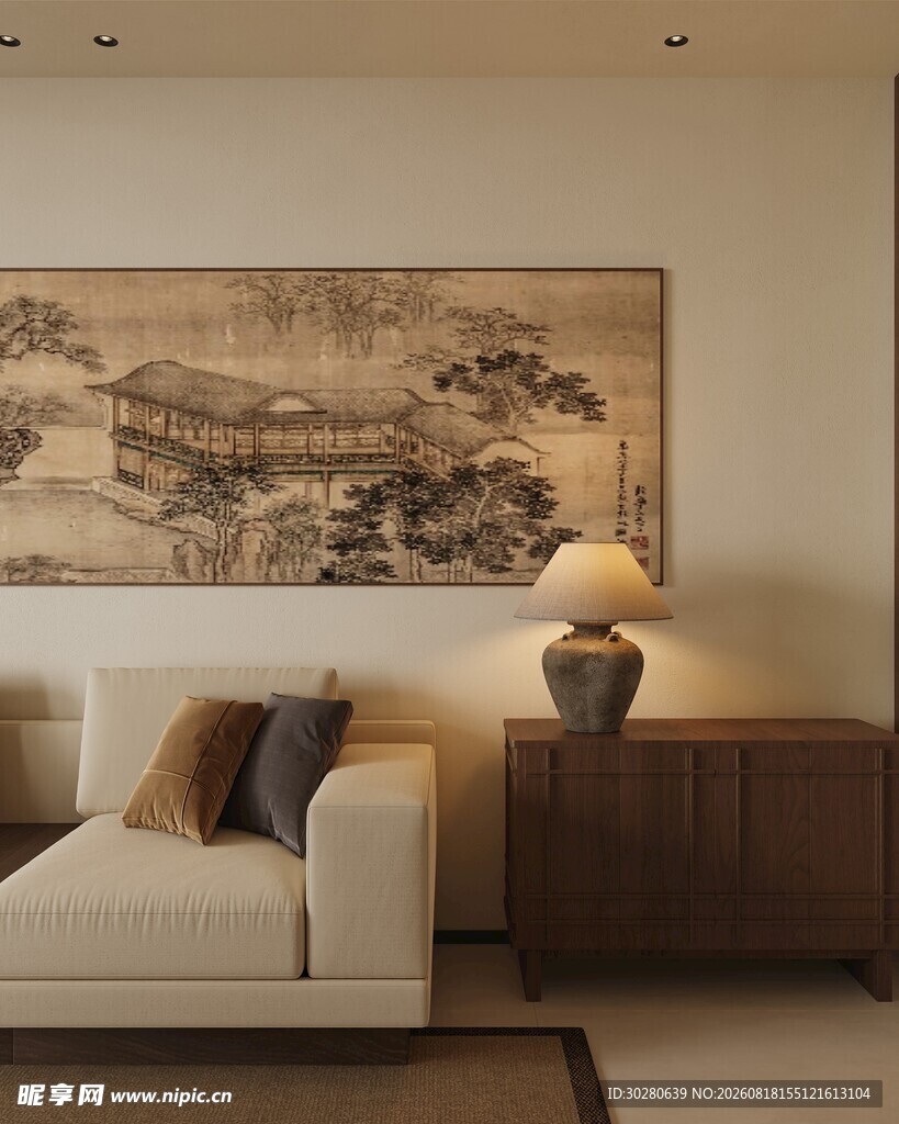 中式客厅沙发与装饰画搭配