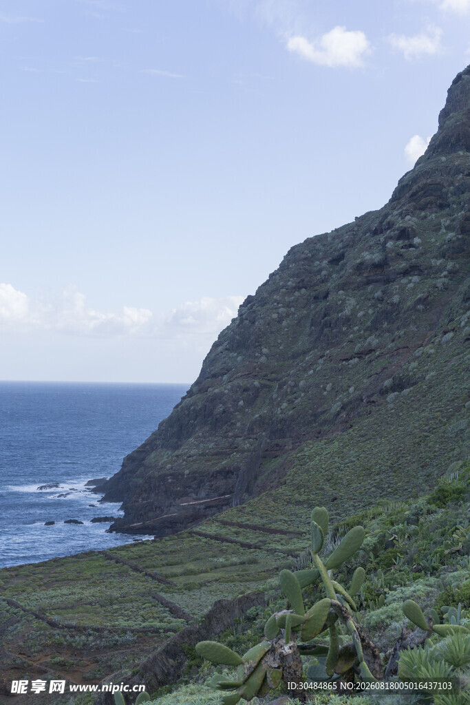 海岸边的翠绿山峦与大海