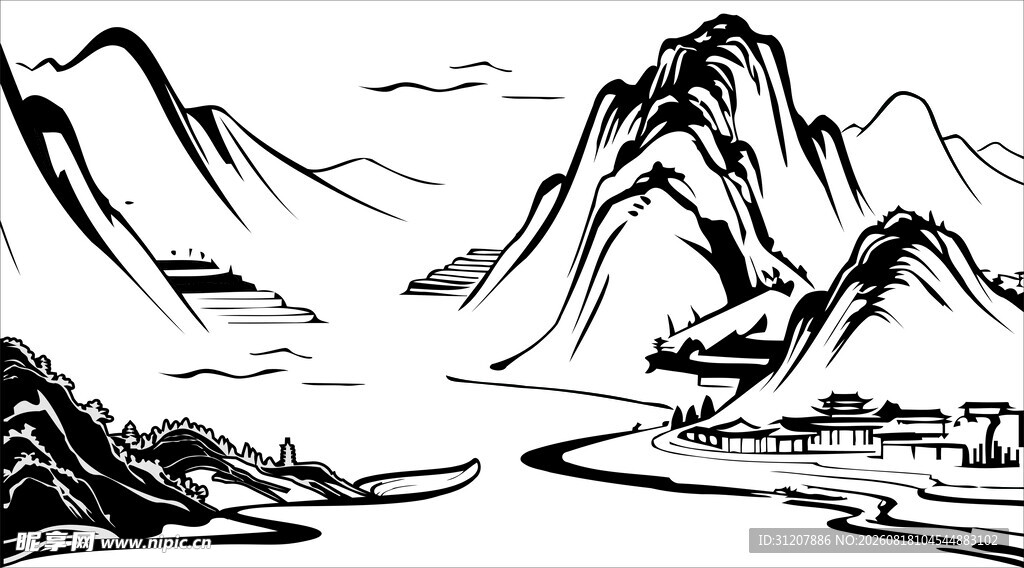 水墨山水风景图 矢量