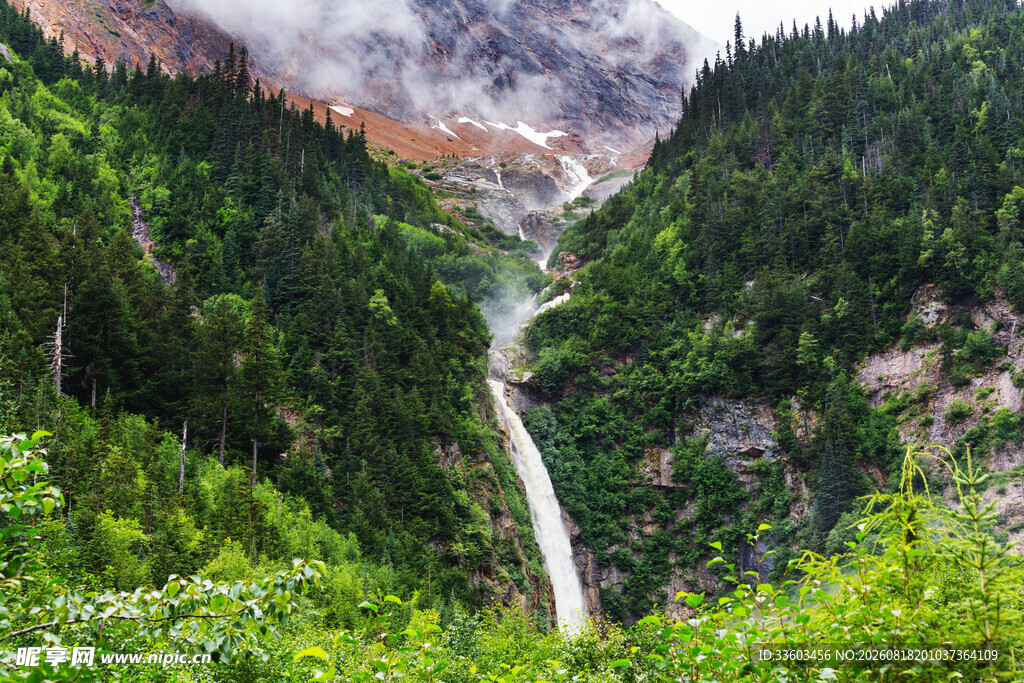 山间瀑布绿意盎然的美景