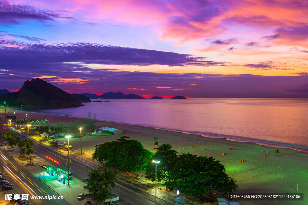海滨绚丽晚霞夜景风光