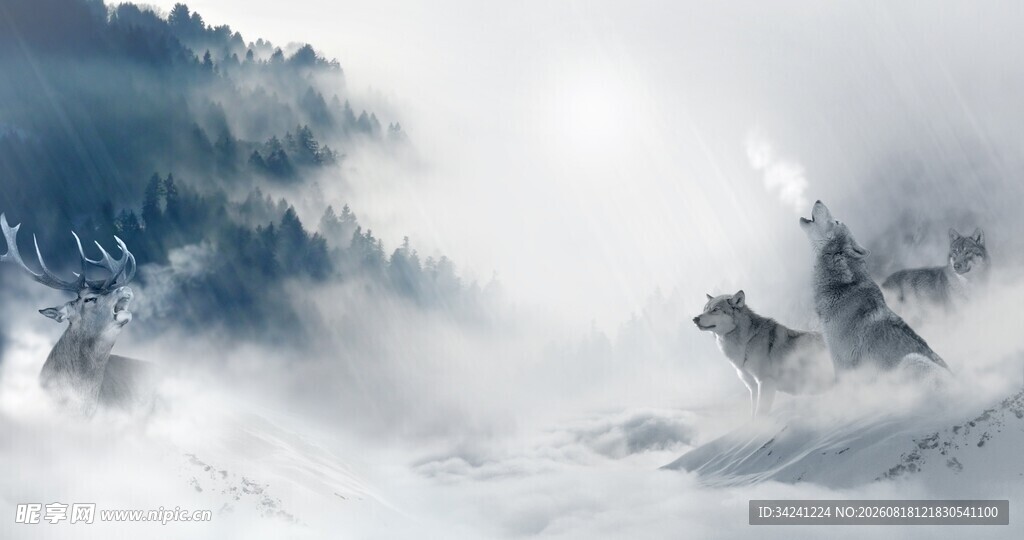 雪山雪景两只狼和鹿