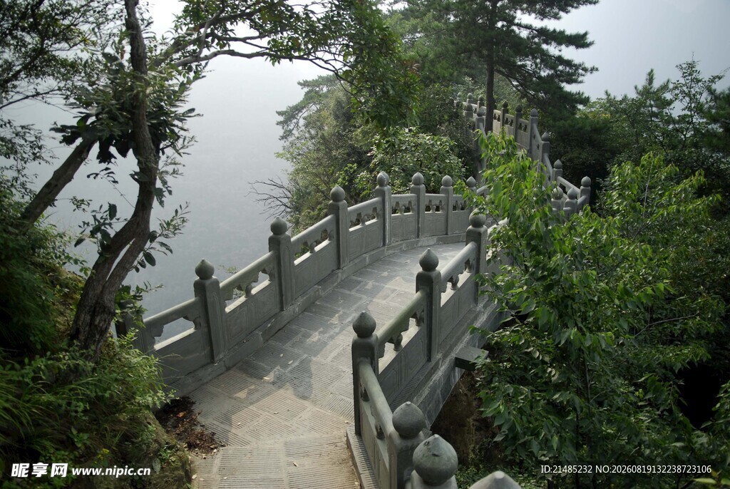 山间蜿蜒栈道隐于绿树间