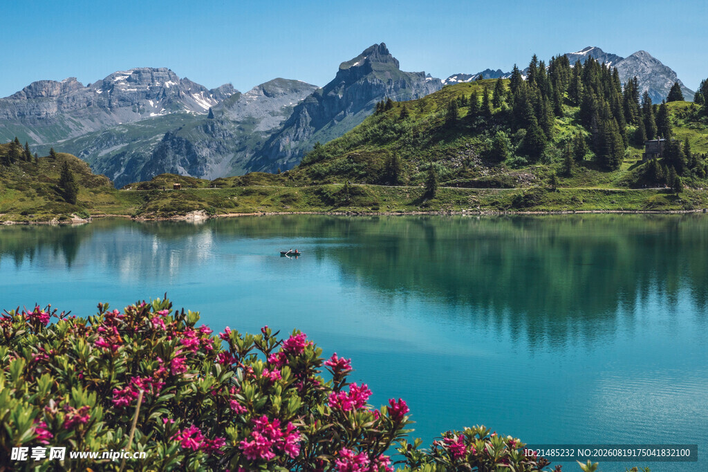 湖畔繁花映青山美景