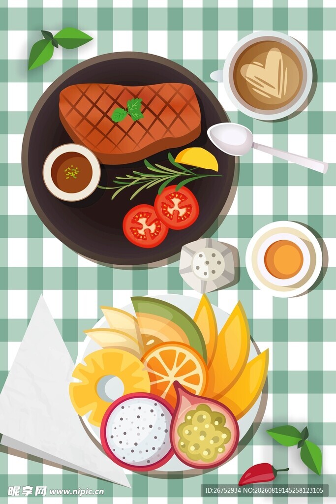 丰盛美味的西餐与水果拼盘