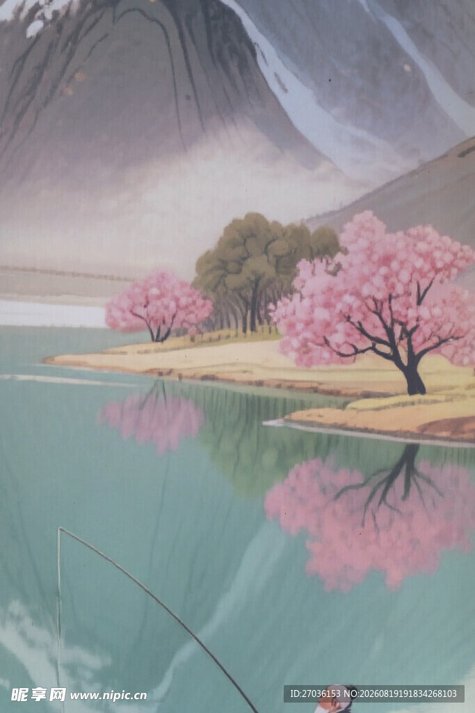 湖畔垂钓赏烂漫樱花景