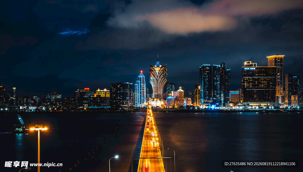 城市夜景下的跨海长桥