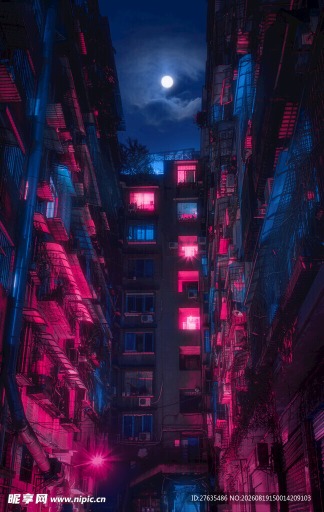 霓虹夜色下的科幻城市街道