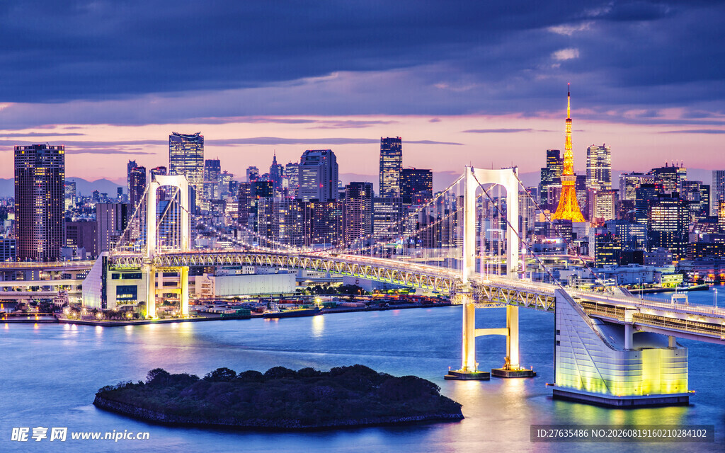 东京城市夜景中的跨海大桥