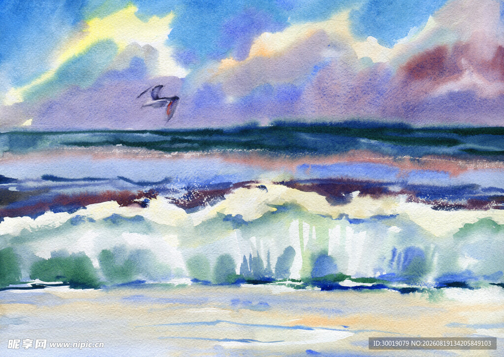 海边多彩浪花水彩画