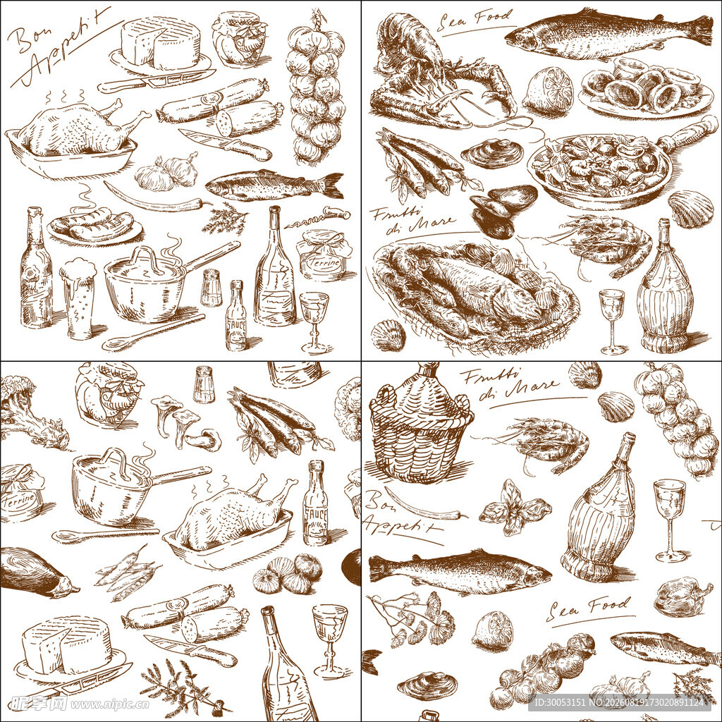 手绘海鲜美食插画素材