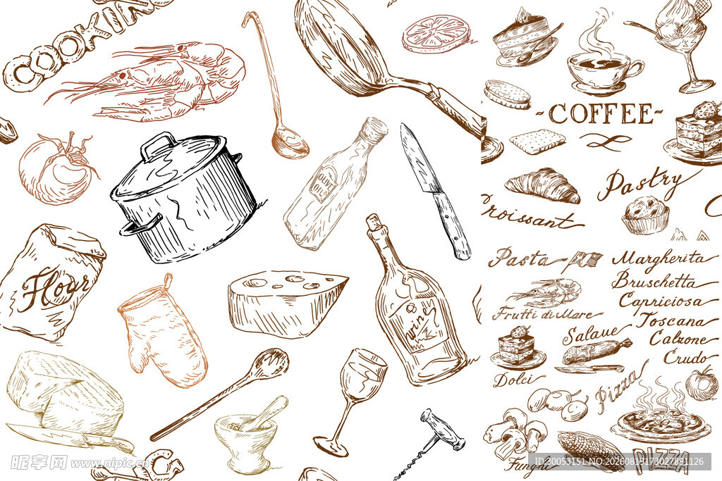 手绘厨房用品与食材插画