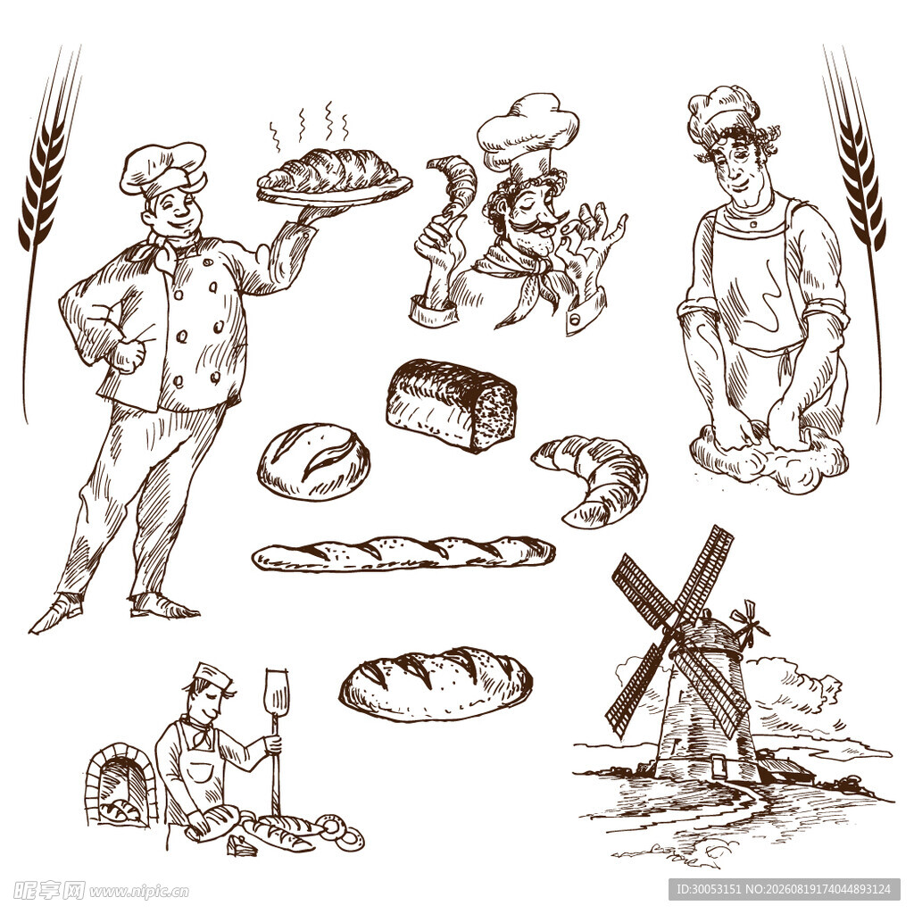 手绘面包烘焙相关插画元素