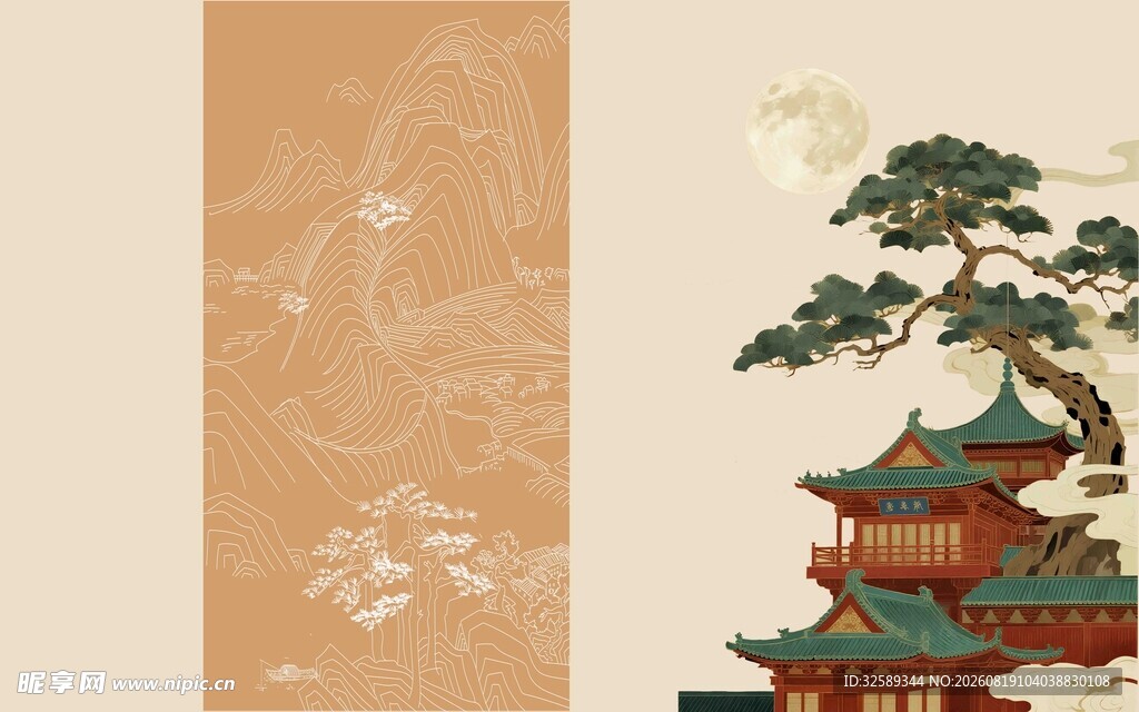 古风中式楼阁与祥瑞图案