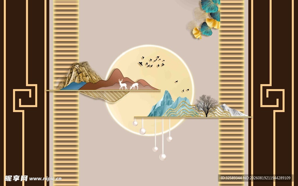 中式山水月夜装饰画