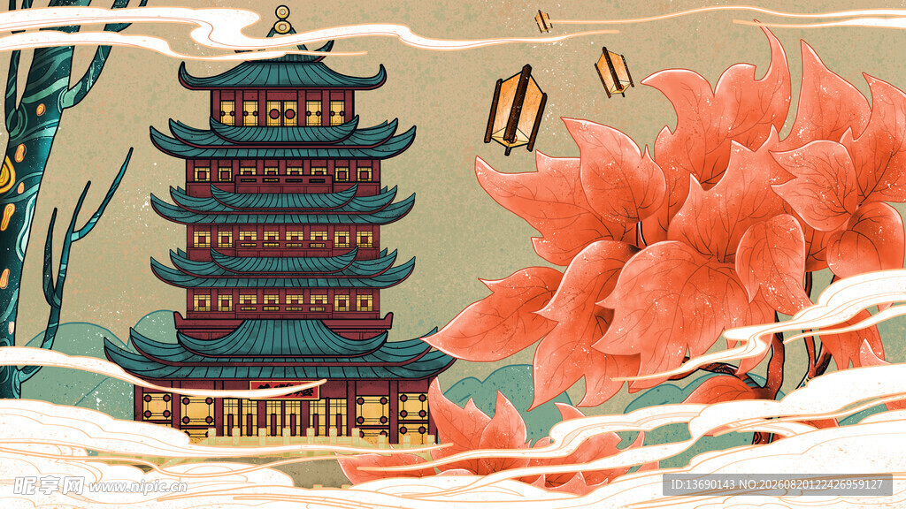 国潮景点插画         