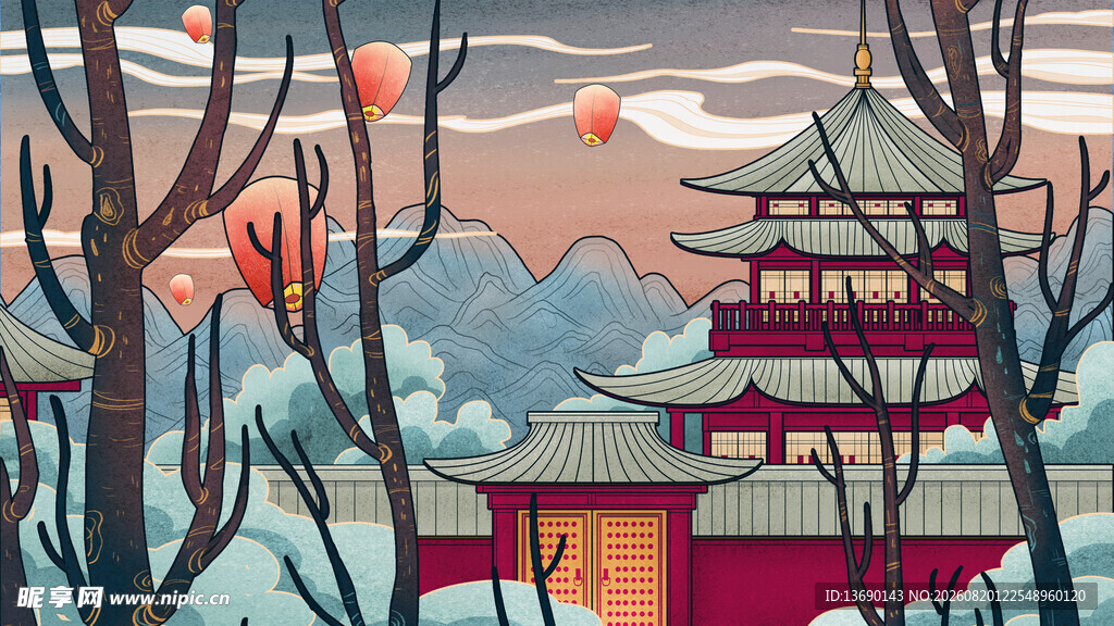 国潮景点插画         