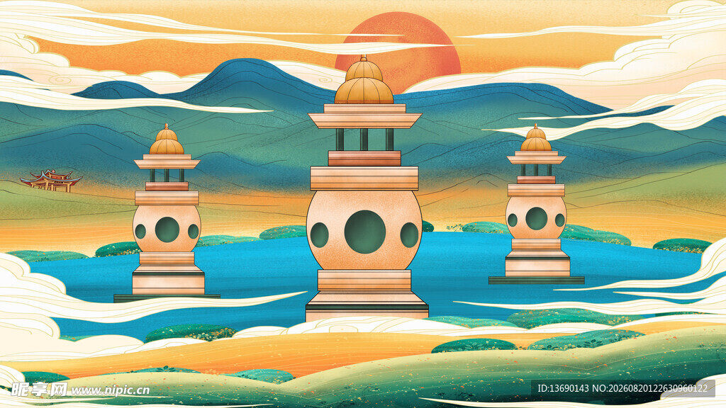 国潮景点插画         