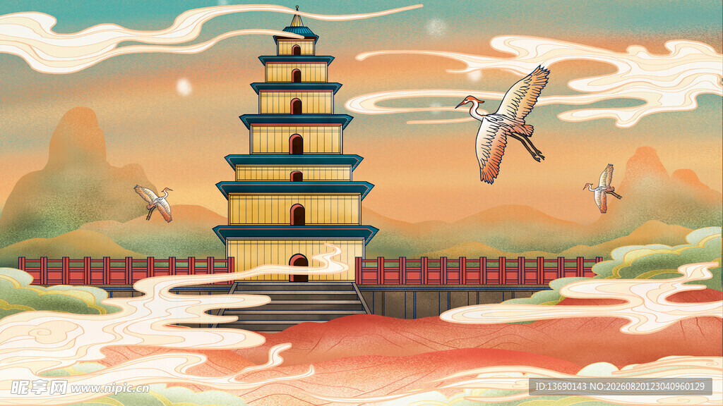 国潮景点插画         