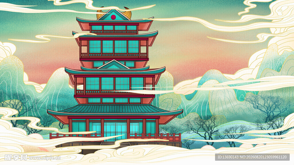 国潮景点插画         
