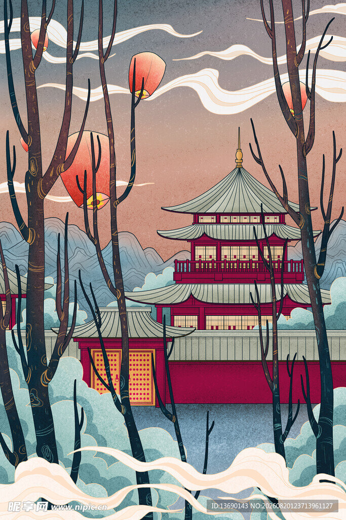国潮景点插画         