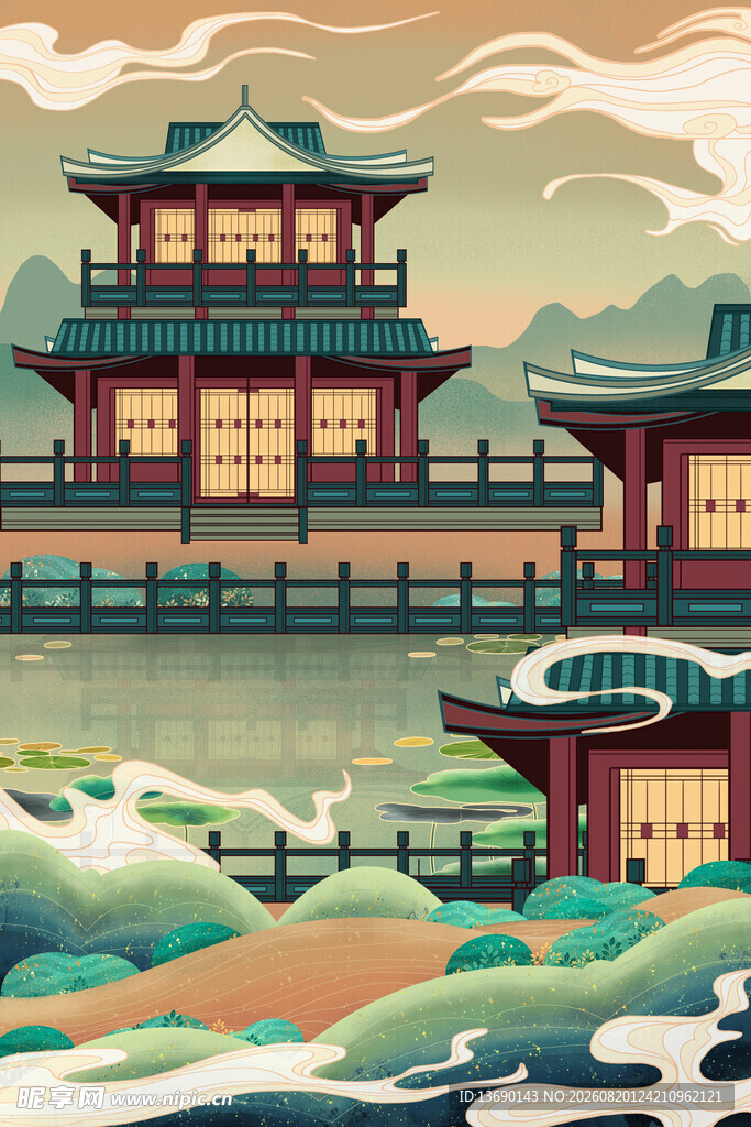 国潮景点插画         