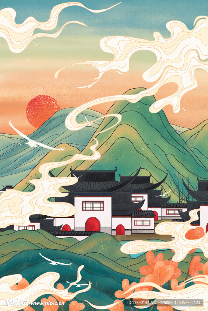 国潮景点插画         