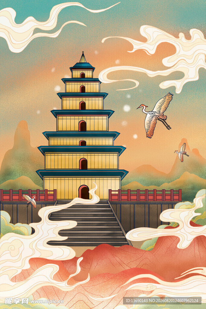 国潮景点插画         