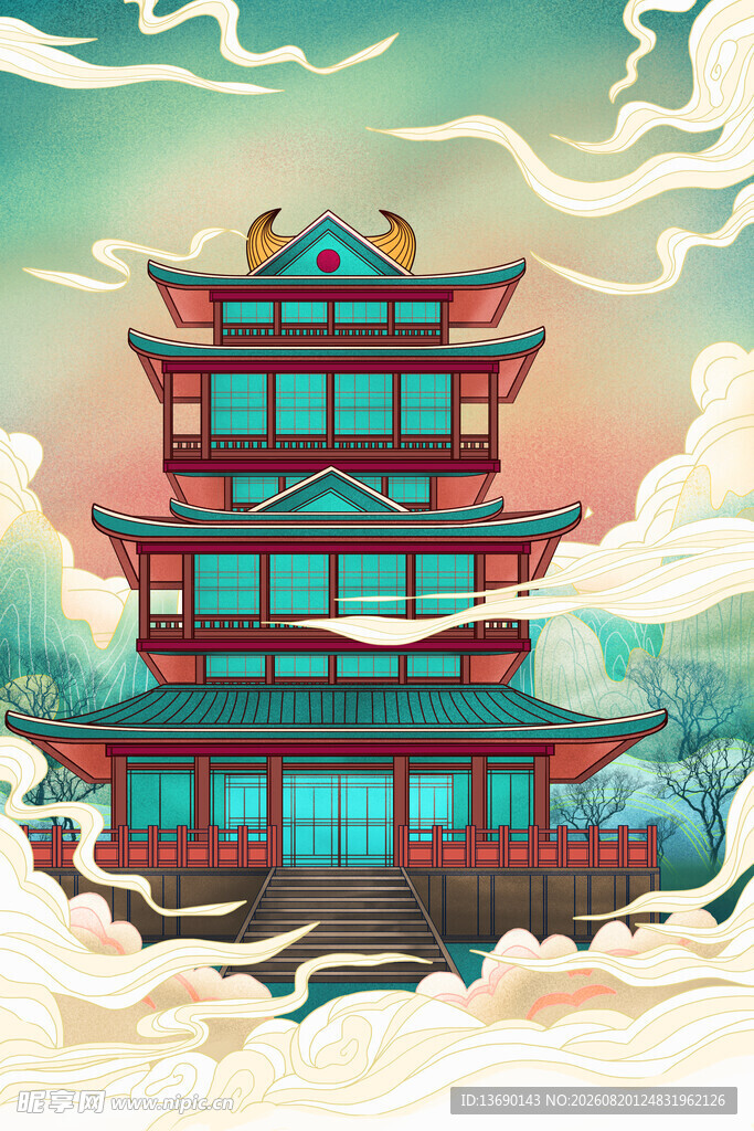 国潮景点插画         