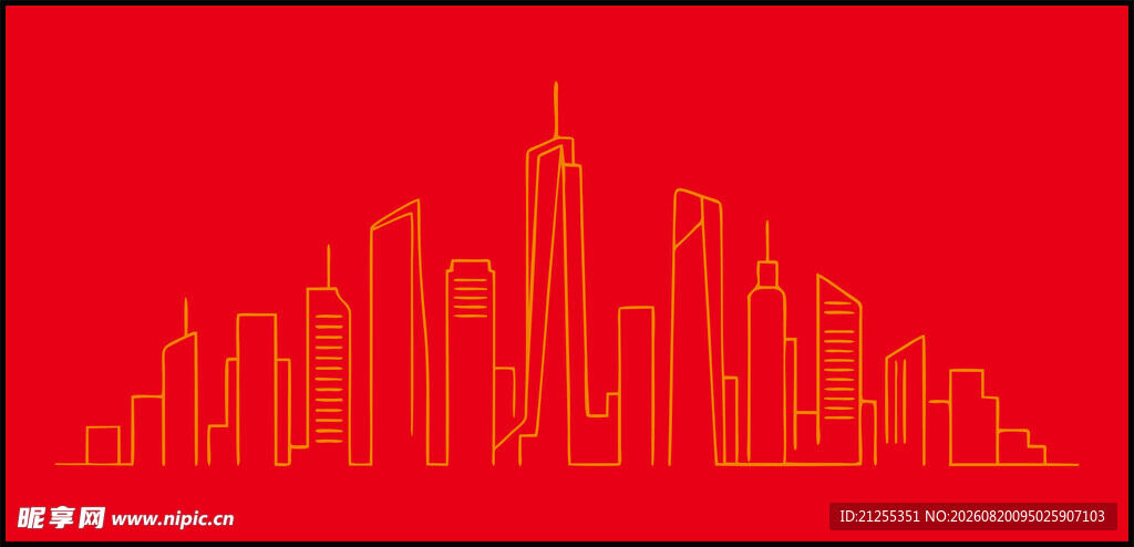 红色城市建筑线条轮廓图