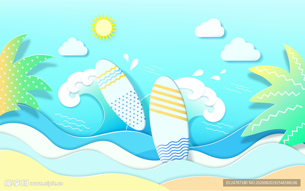 夏日海滩冲浪插画