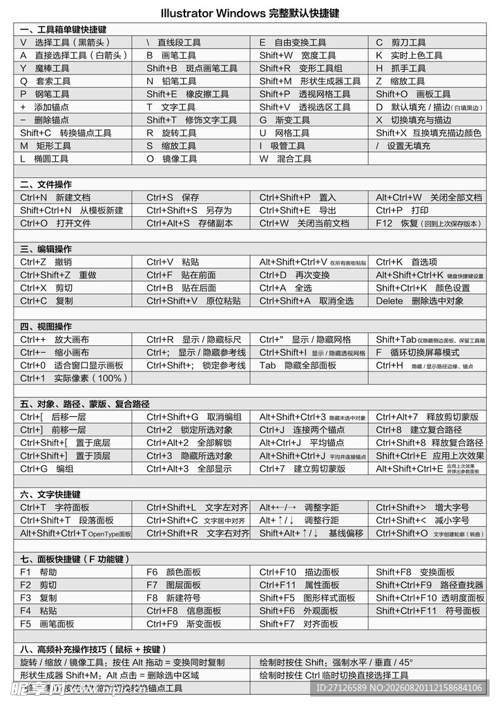 AI快捷键打印纸