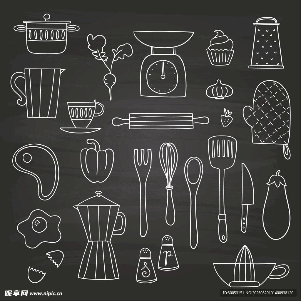 手绘厨房用具图案集合