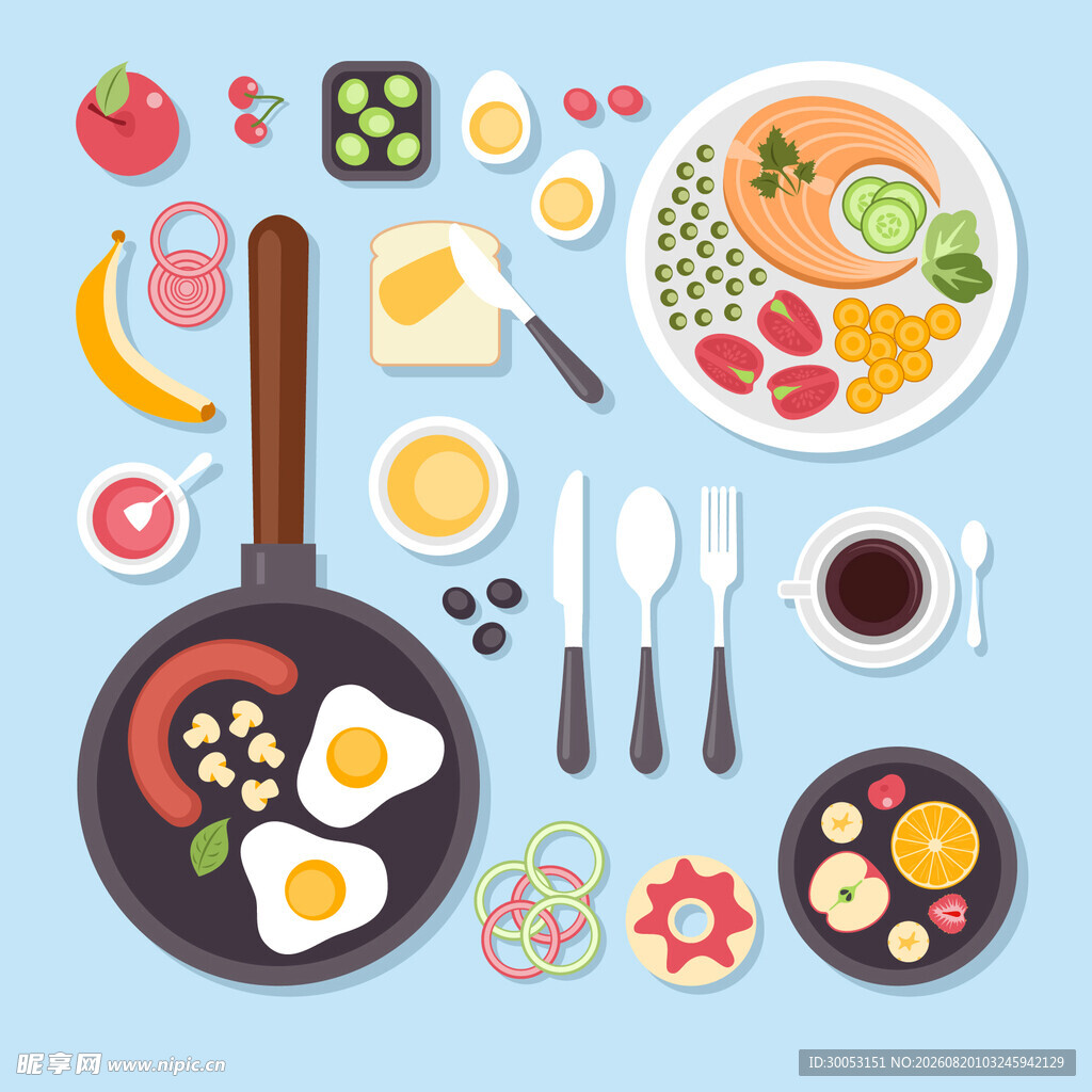 丰盛早餐食材与厨具展示