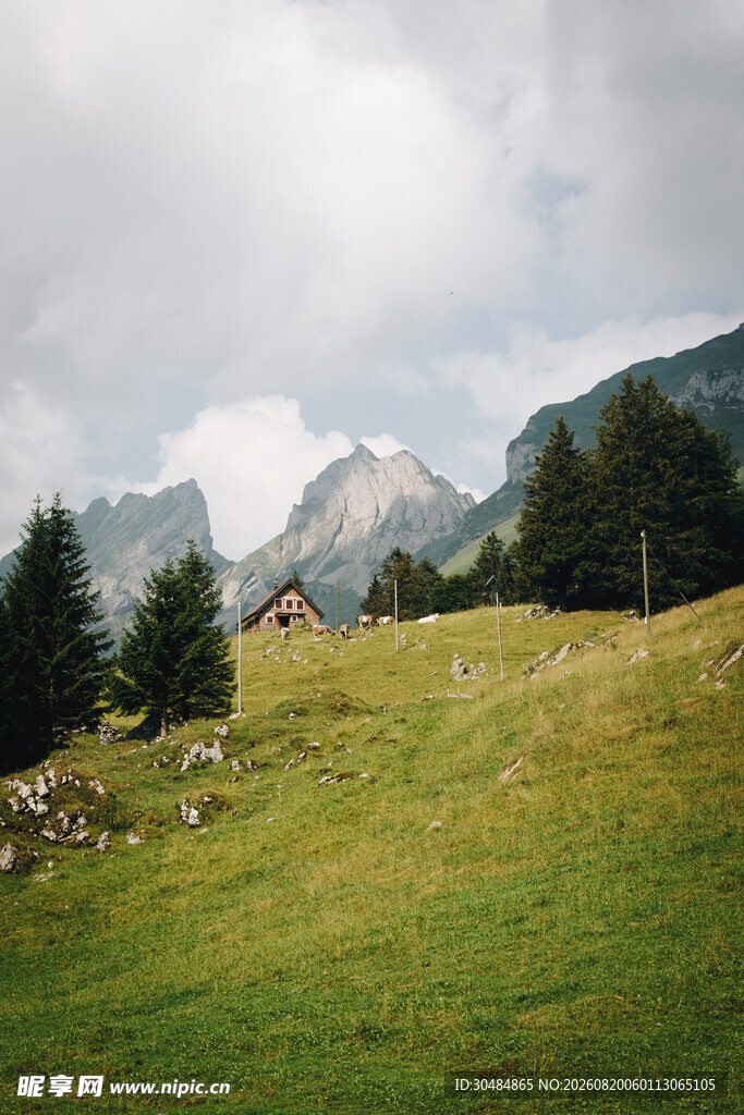 山间草地小屋的宁静景致
