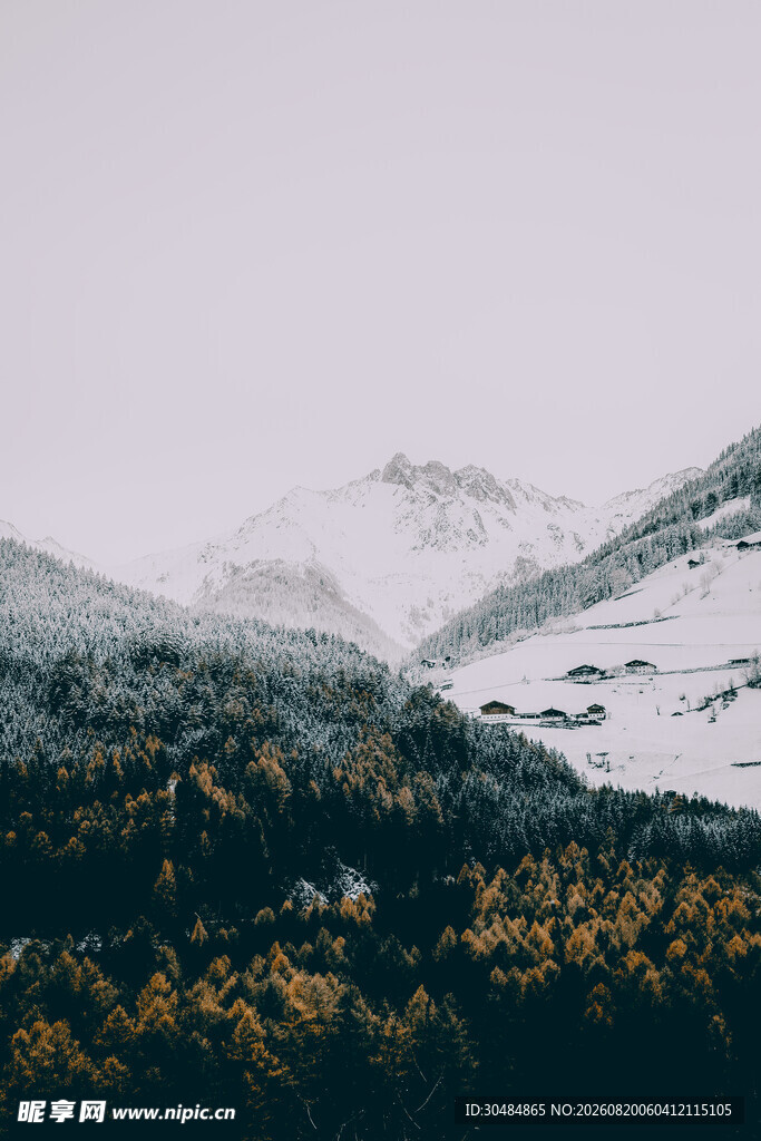 雪覆山峦间的斑斓秋景