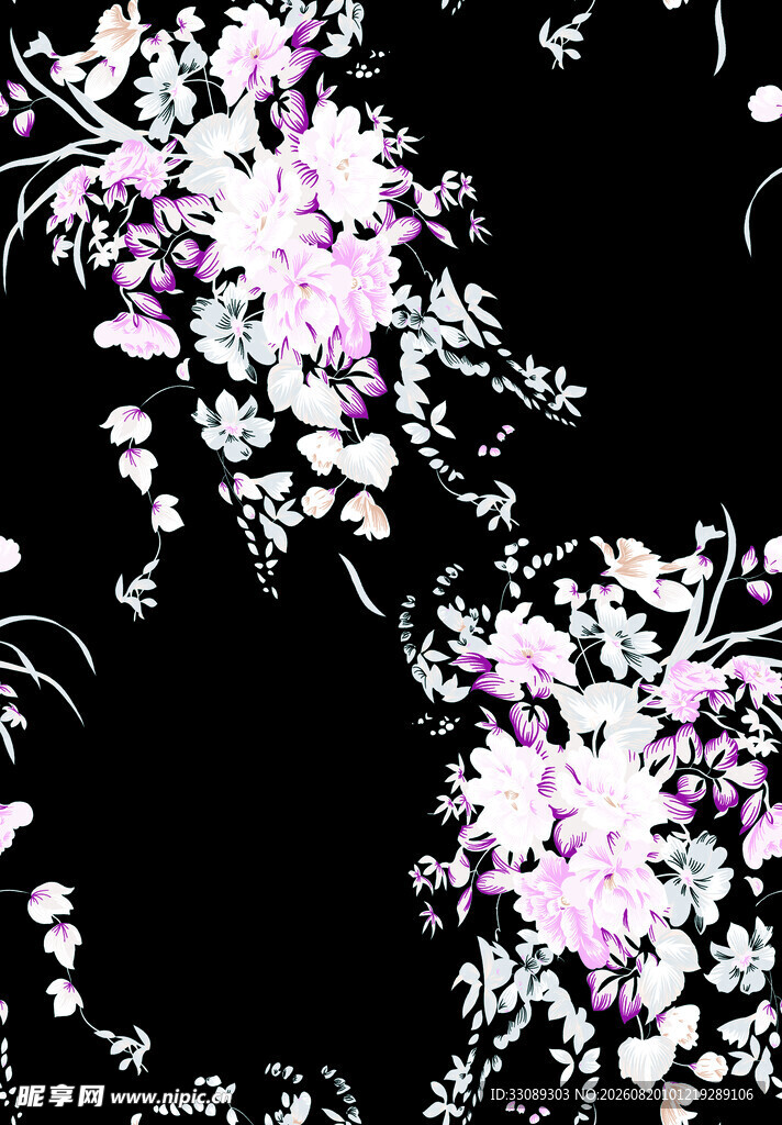 黑色背景上的梦幻紫白花卉 碎花