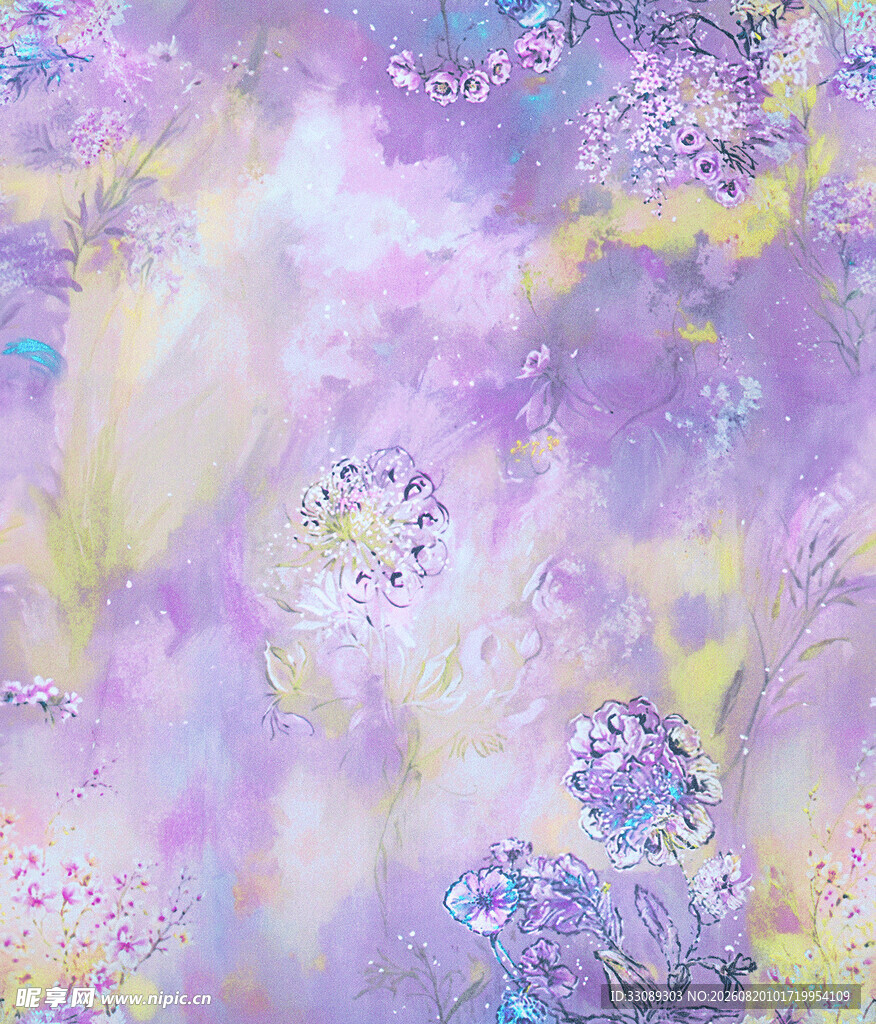 梦幻紫色花卉抽象艺术图 水彩花