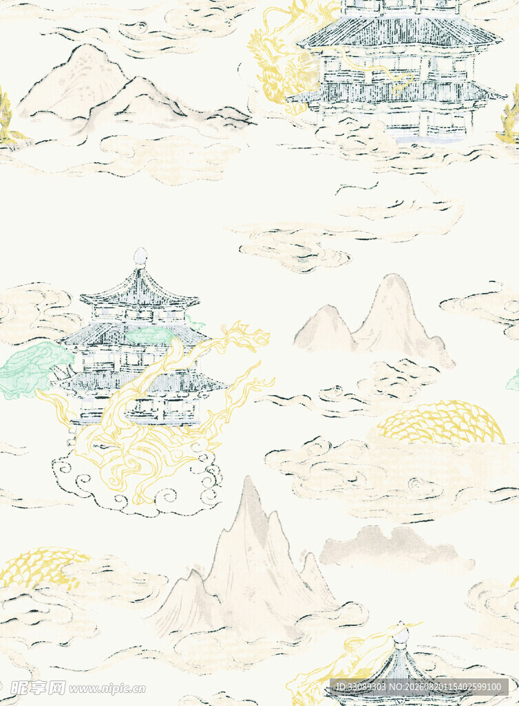 中式山水风手绘纹理图案 民族风