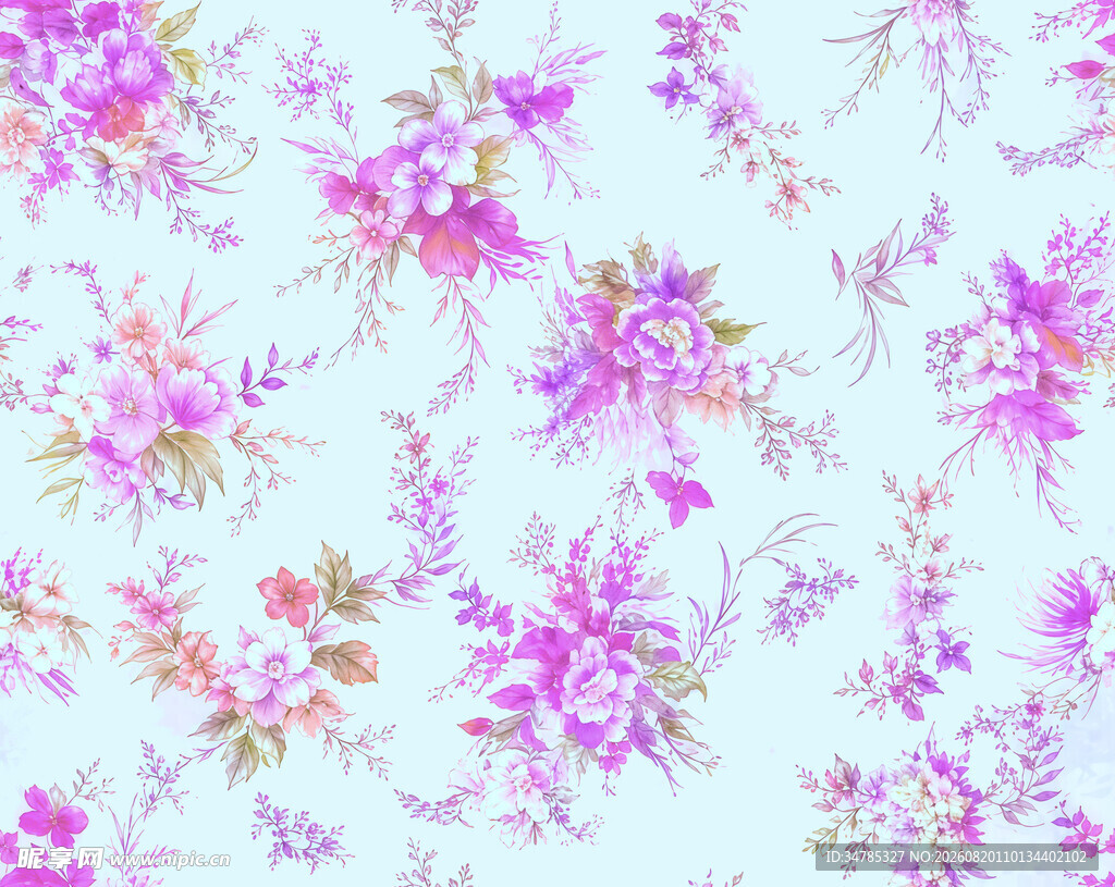 淡蓝底粉紫花卉图案