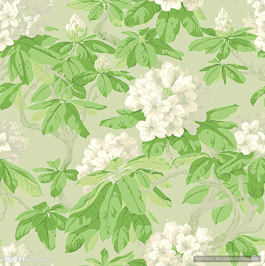 清新绿叶白花植物图案