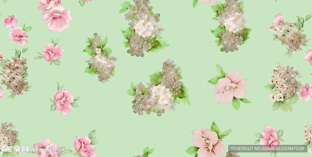 淡绿色底粉色花卉图案