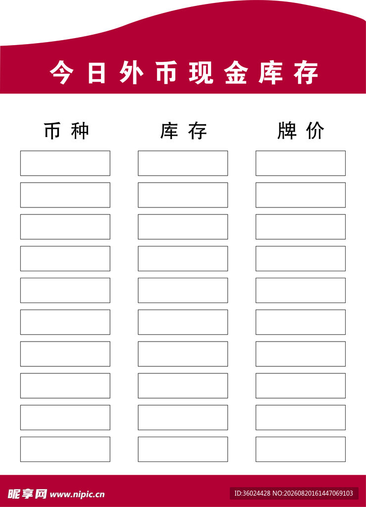 今日外币现金库存表