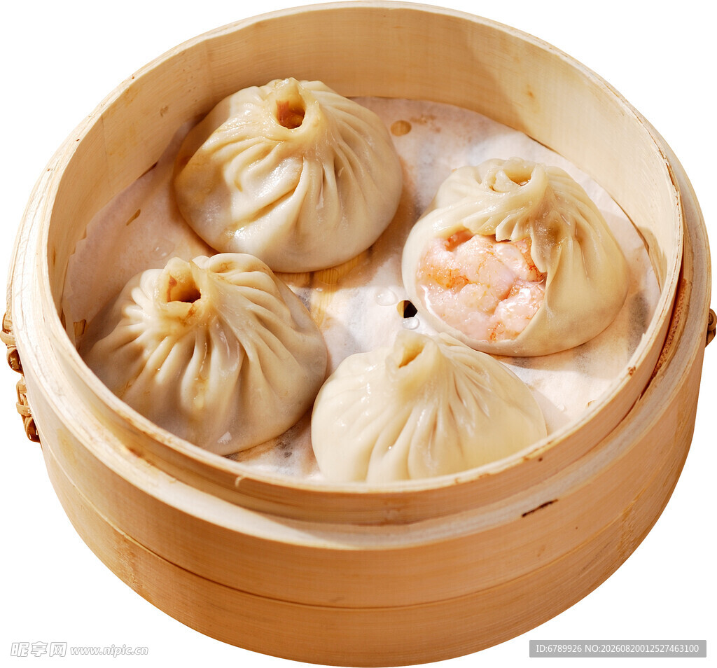 竹制蒸笼里的鲜虾小笼包