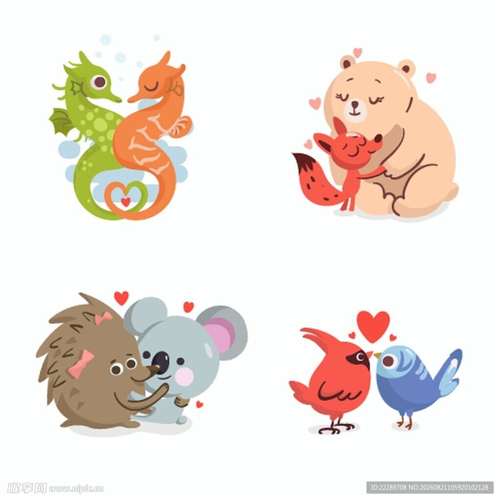 可爱动物情侣插画